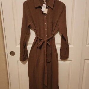 Magaschoni Women Button-Up Midi Shirtdress Dark Green Organic Cotton Size Large